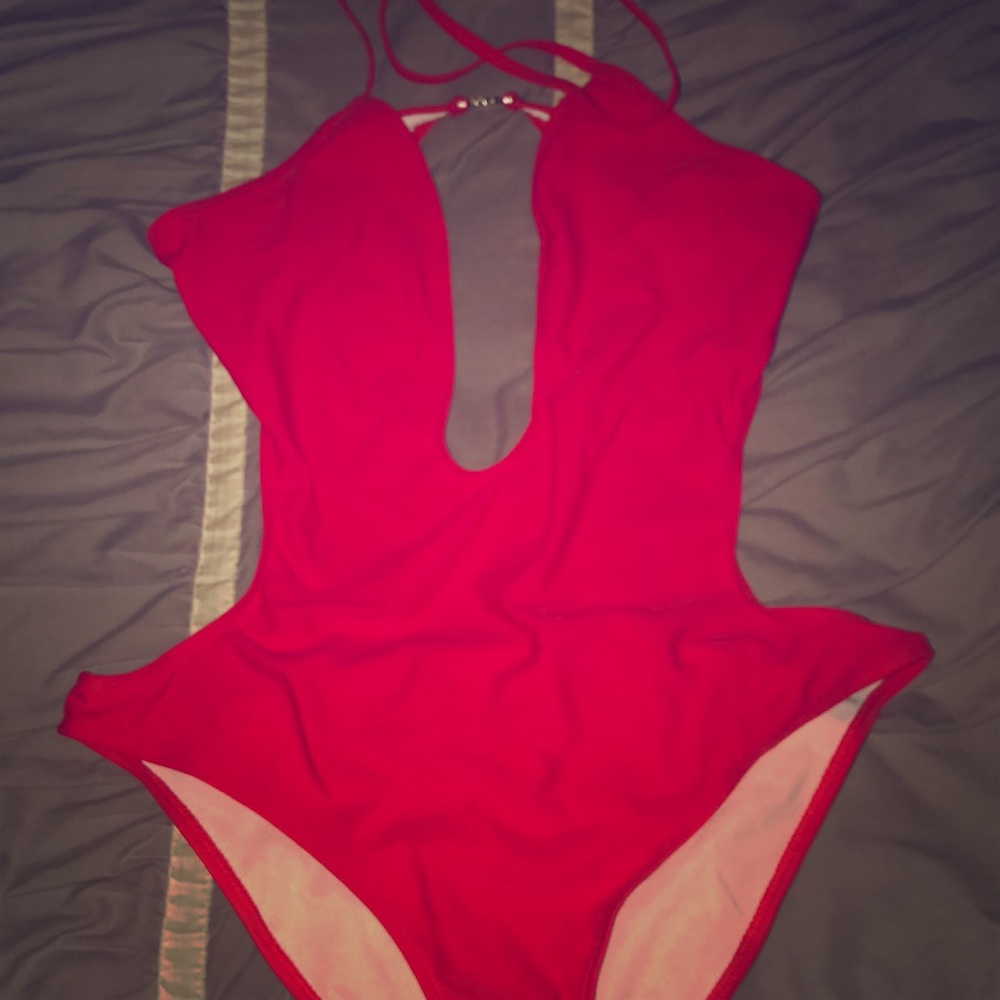 Deep plunge red swimsuit